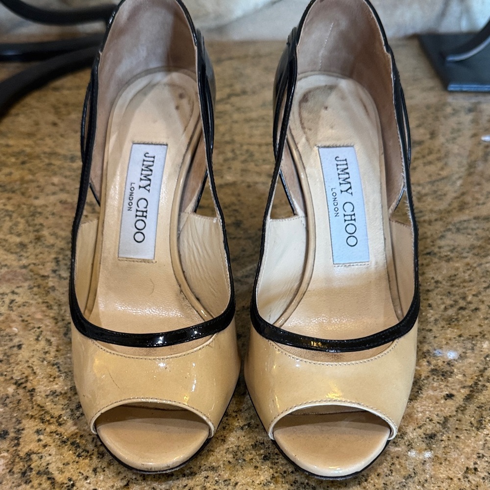 Jimmy Choo Black and Cream Peep Toe Heels